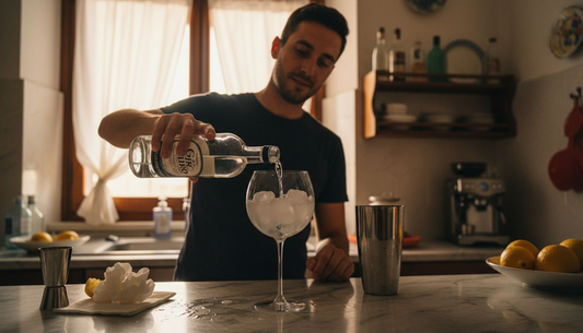 Un barman alle prese con la preparazione di un intramontabile gin tonic nel bancone di casa.