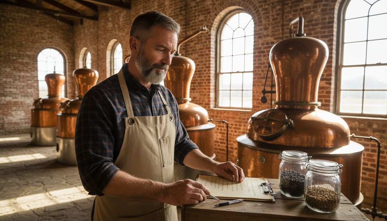 Distiller examining pot stills in gin distillery