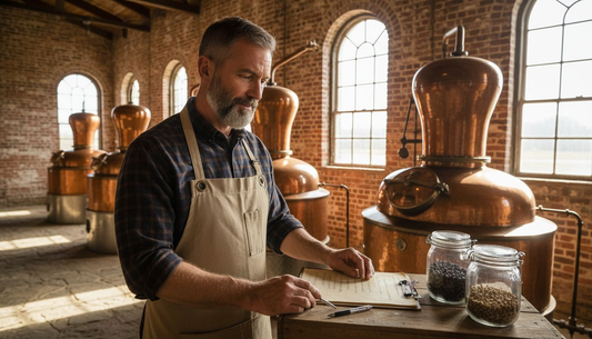 Distiller examining pot stills in gin distillery