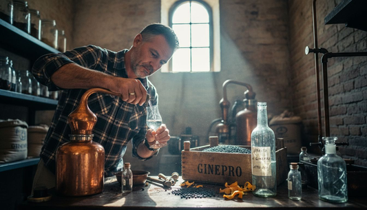 Un mastro distillatore assaggia il gin direttamente nel suo laboratorio artigianale, immerso tra alambicchi e profumi autentici.