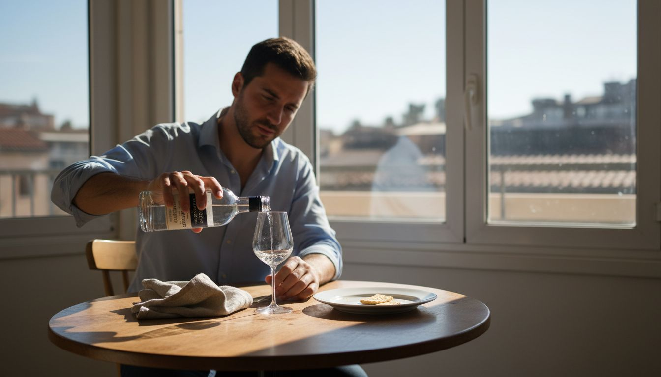 Person pouring gin at sunny wooden table