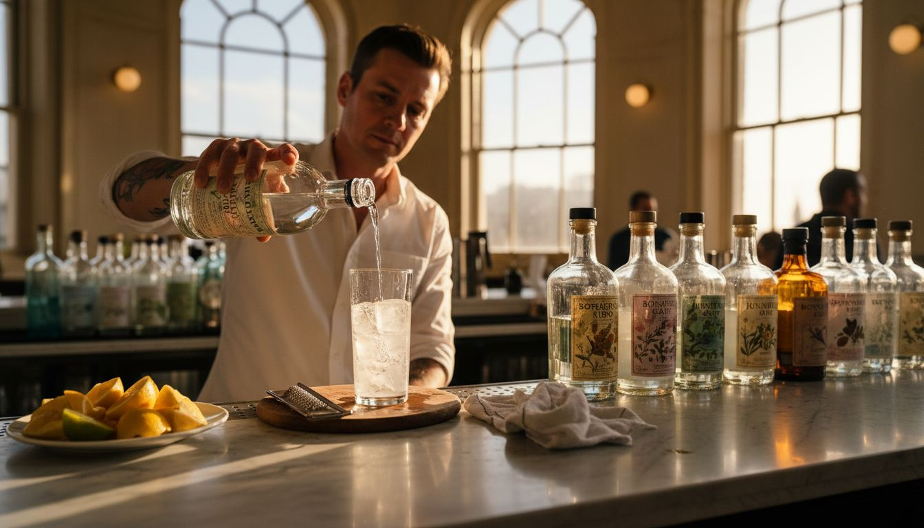 Bartender pouring premium gin at elegant bar