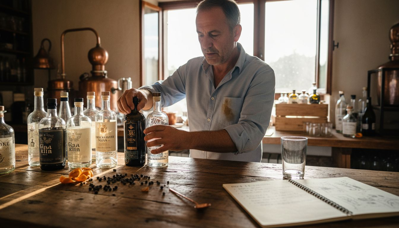 Un barman sistema le bottiglie di gin, circondandole con le botaniche che ne esaltano i profumi e i sapori.