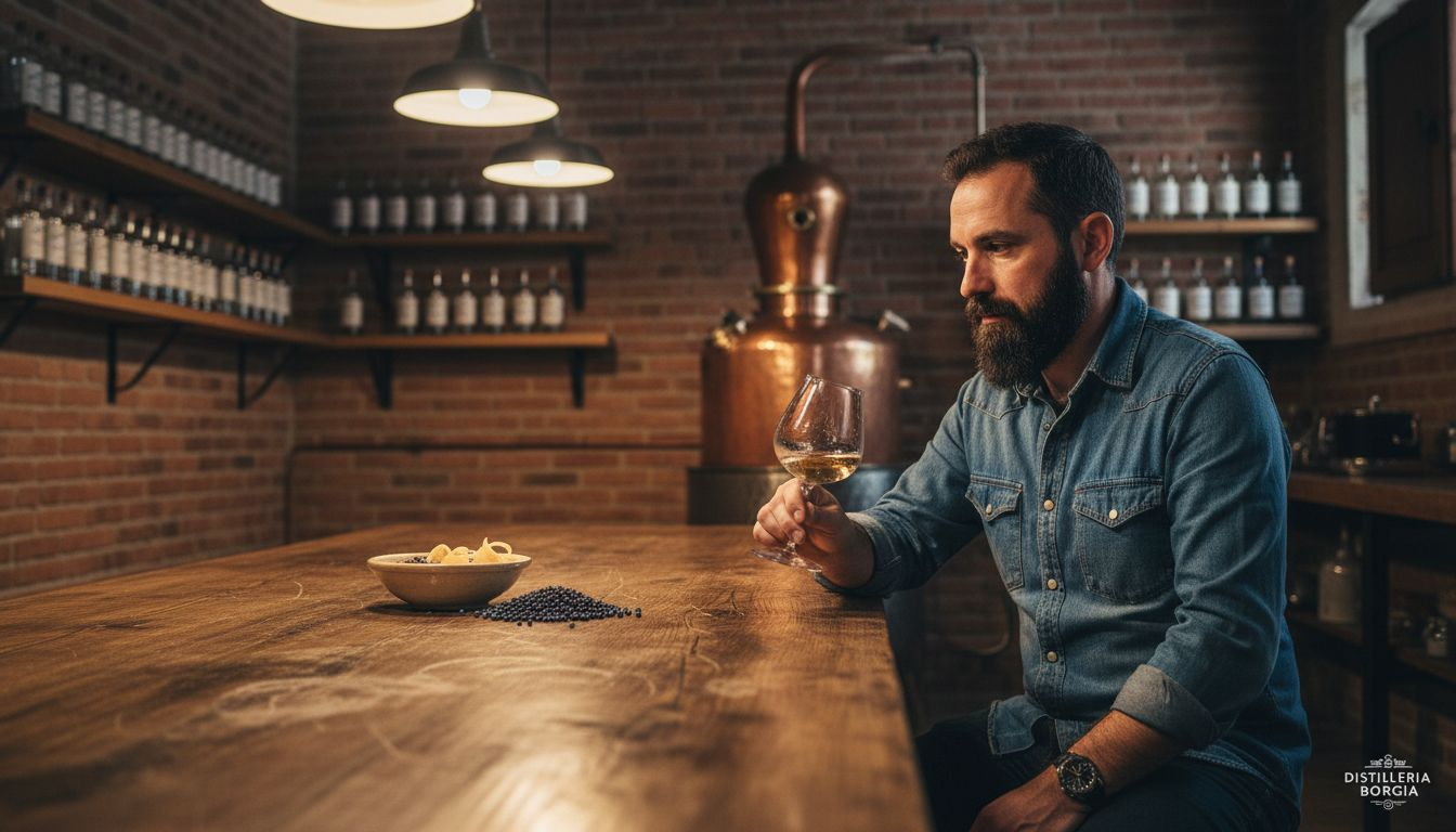 Un uomo assapora un gin artigianale nell’intima atmosfera di una piccola distilleria.