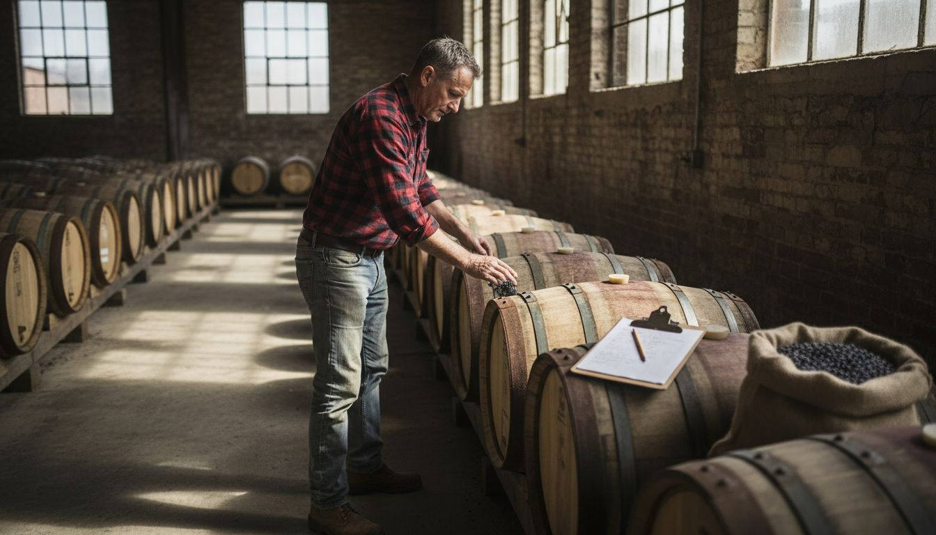 Distiller inspecting gin aging barrels