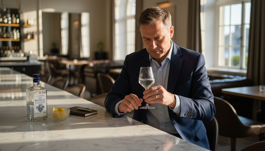Man sipping gin at marble bar with sunlight