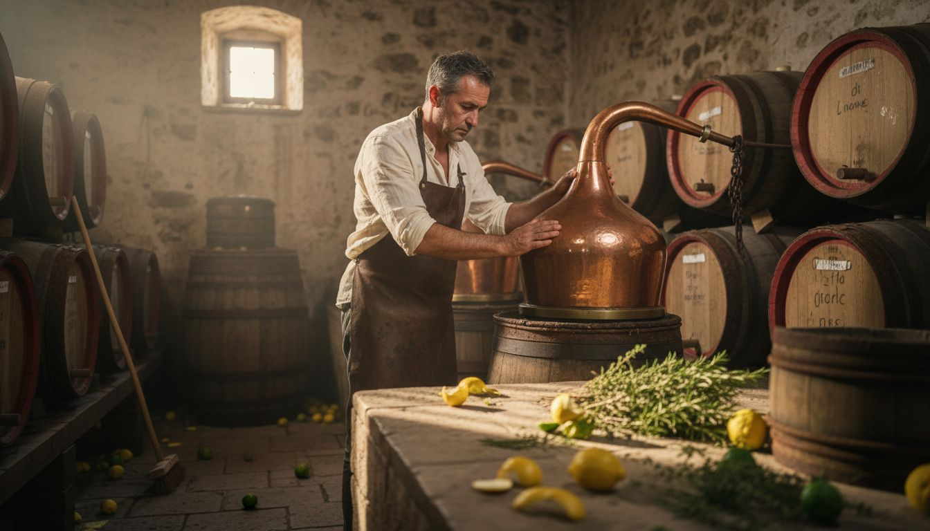 Maestro distillatore siciliano all’opera in una tipica distilleria artigianale di gin, immersa nell’atmosfera rustica dell’isola.