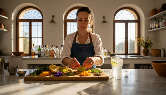 Gin cocktail with Mediterranean garnishes on bar