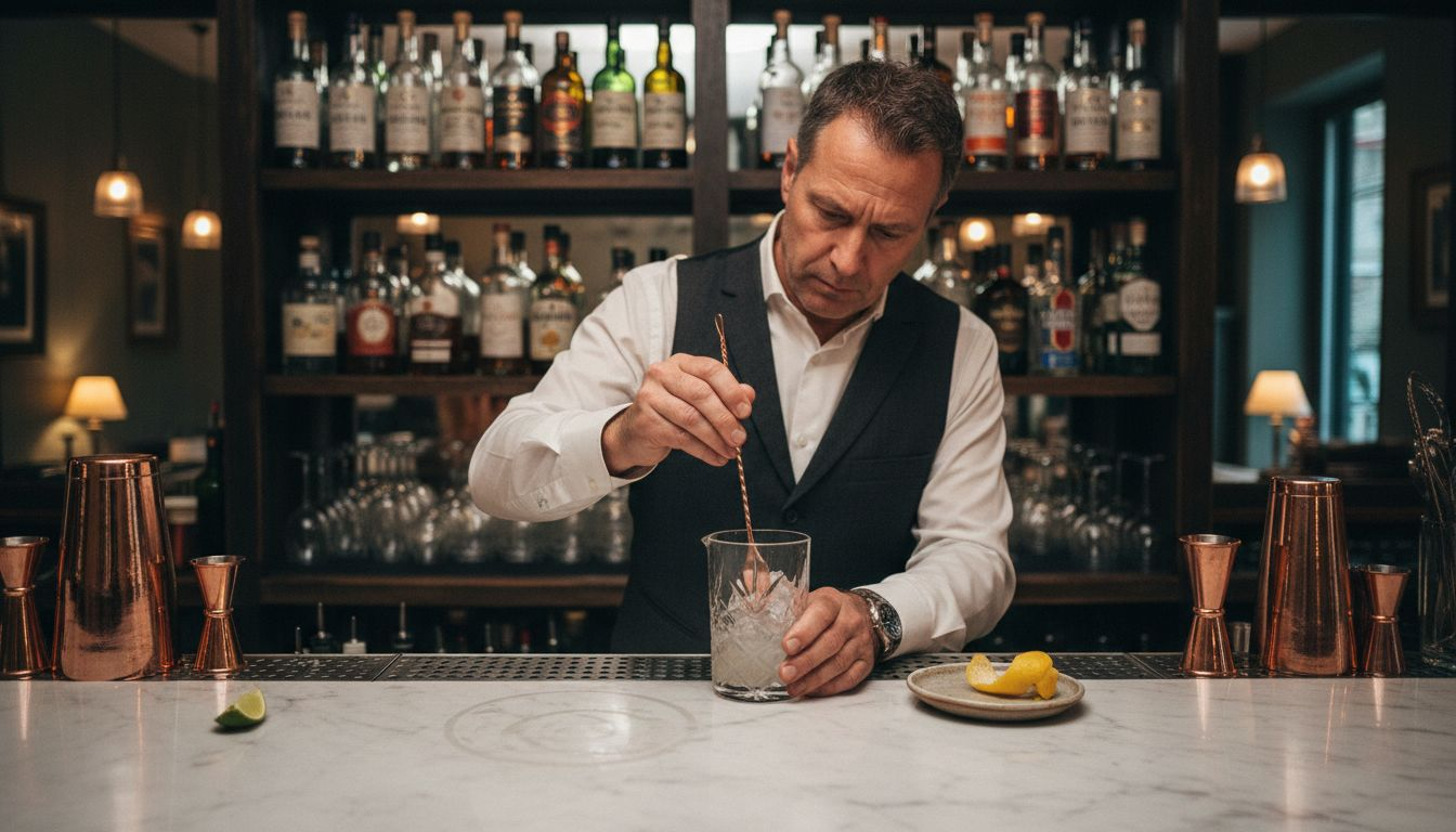 Un barman prepara un cocktail a base di gin direttamente al bancone.