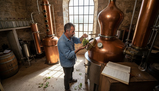 Distiller checks grapes beside gin still