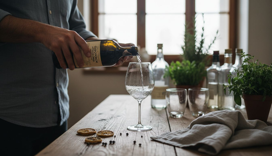 Degustazione di gin artigianale in una cucina ampia e luminosa