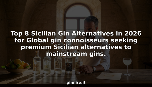 Sommelier examining Sicilian gin bottles at rustic bar