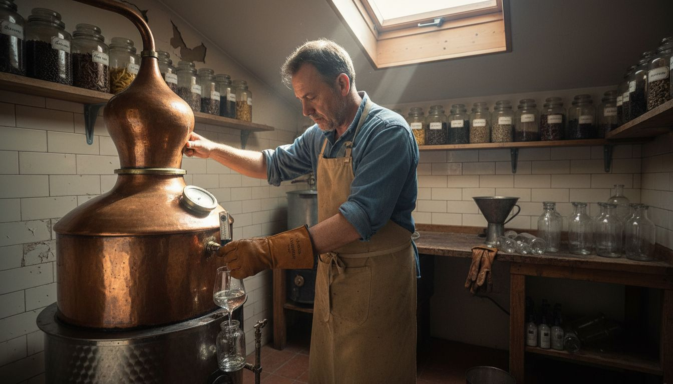 Maestro distillatore all’opera accanto all’alambicco in rame, impegnato nella produzione artigianale di gin.