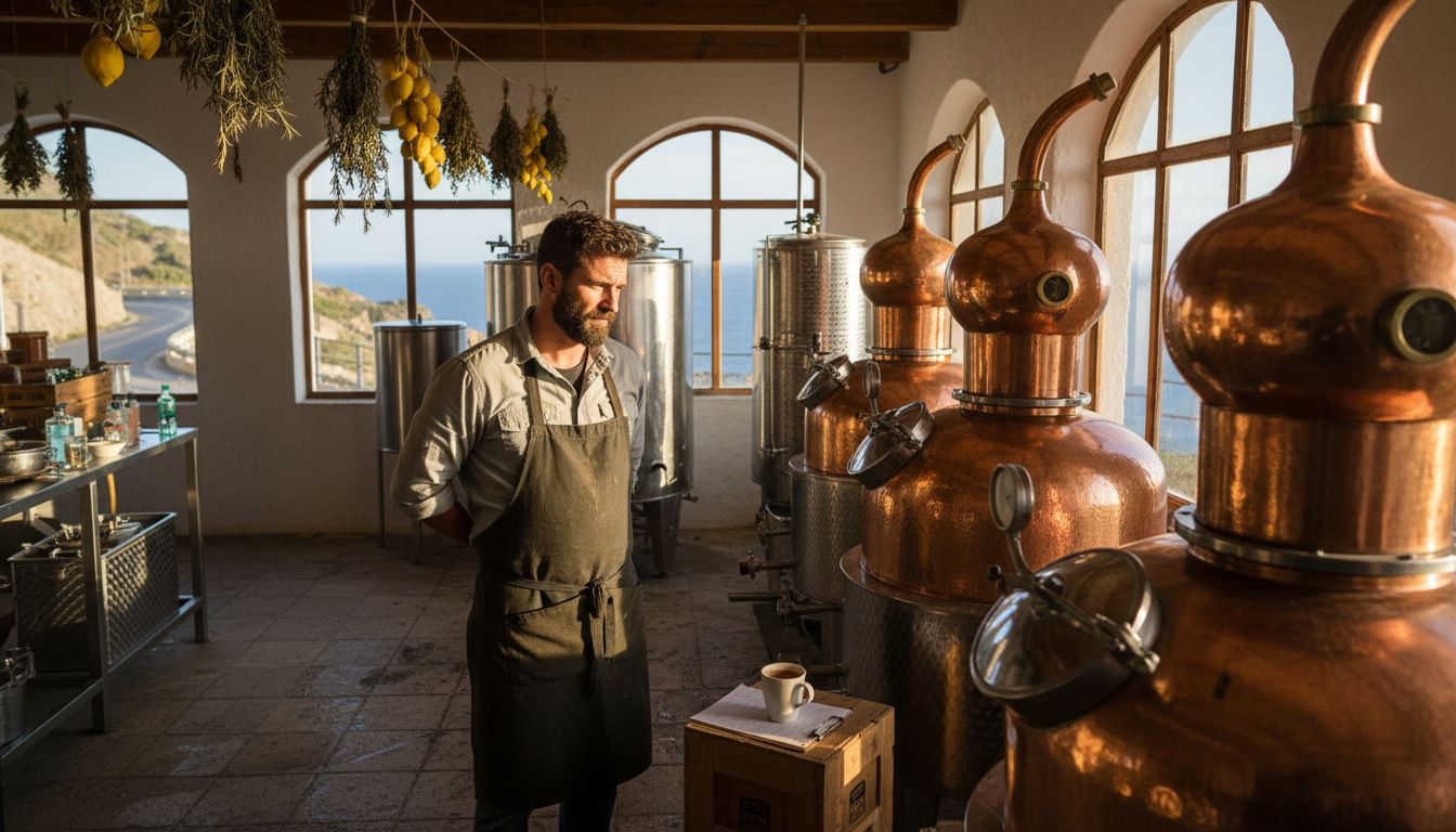 Distiller at Mediterranean gin distillery with botanicals