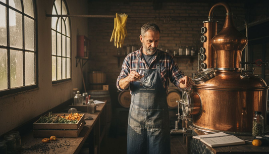 Maestro distillatore al lavoro su un alambicco di rame, mentre seleziona con cura le botaniche per creare un gin dal carattere unico.