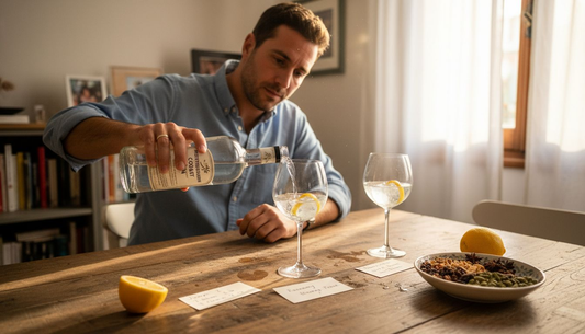 Gin enthusiast pouring Mediterranean gin at home