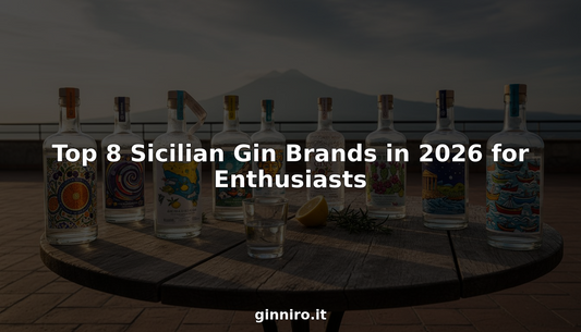 Eight Sicilian gin bottles on rustic table with Etna