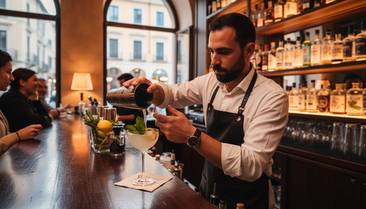 Dietro il bancone affollato, il bartender è intento a shakerare un cocktail a base di gin per i clienti.