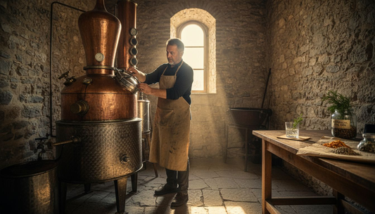 Il mastro distillatore controlla attentamente l’alambicco in rame utilizzato per la produzione del gin.
