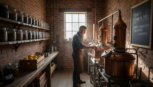 Distiller checks copper stills in rustic gin distillery