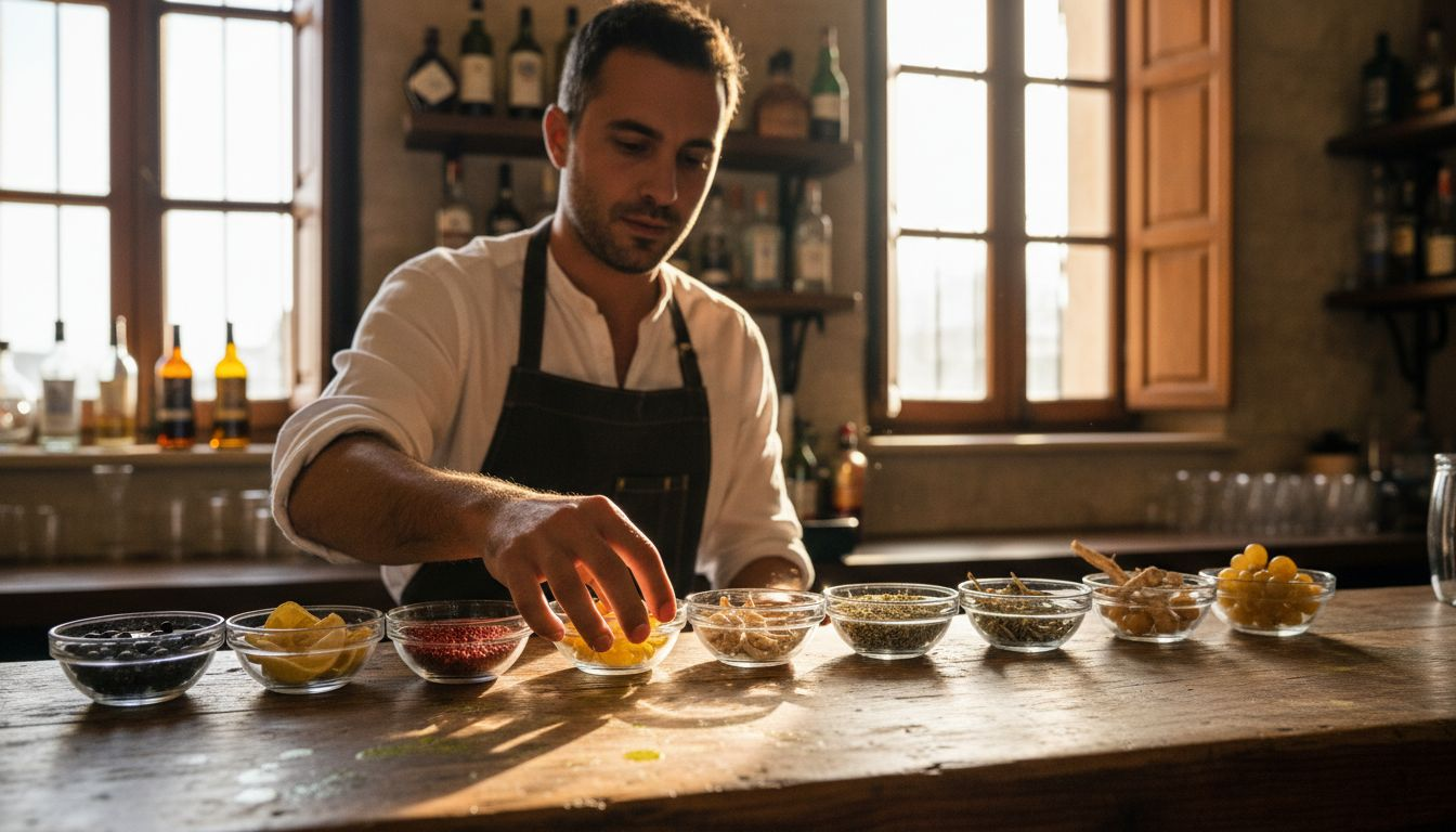 Un bartender dispone con cura le botaniche mediterranee per creare un gin dal carattere unico.
