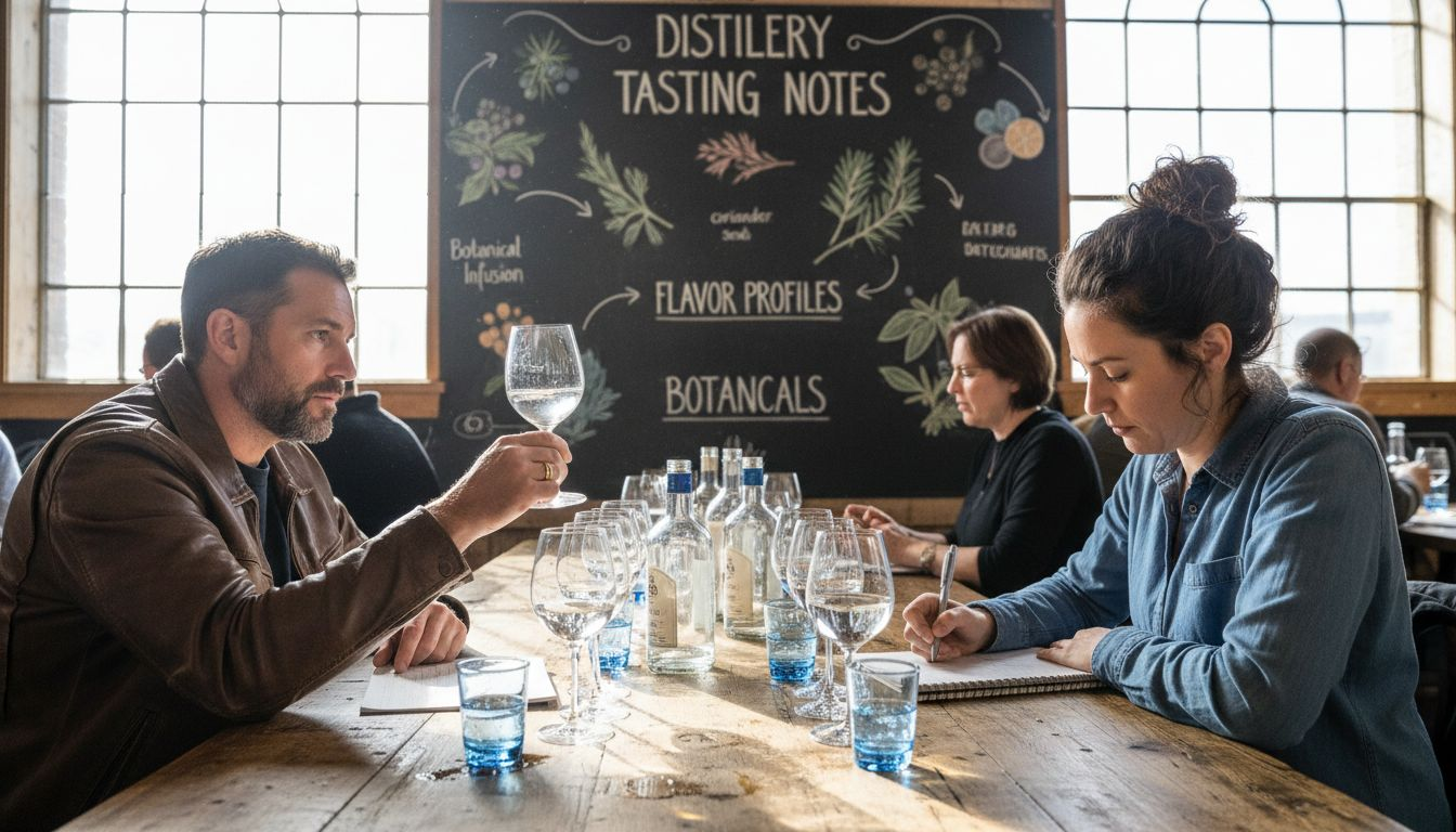 Group sampling gin at distillery tasting table