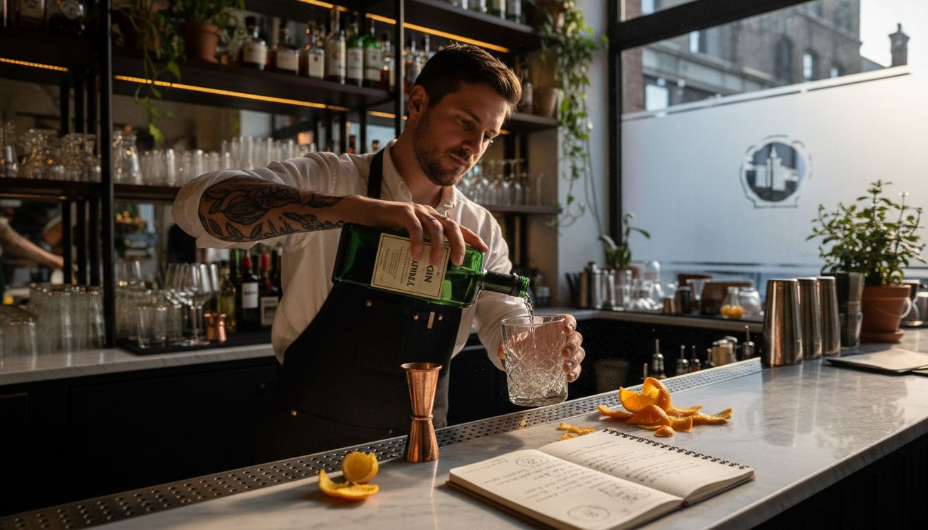 Bartender mixing gin cocktail at stylish bar
