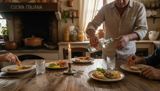 Il padrone di casa versa del gin ai commensali, mentre in tavola sono già servite le pietanze.