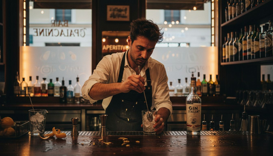 Un barman prepara un gin tonic dietro al bancone in noce.