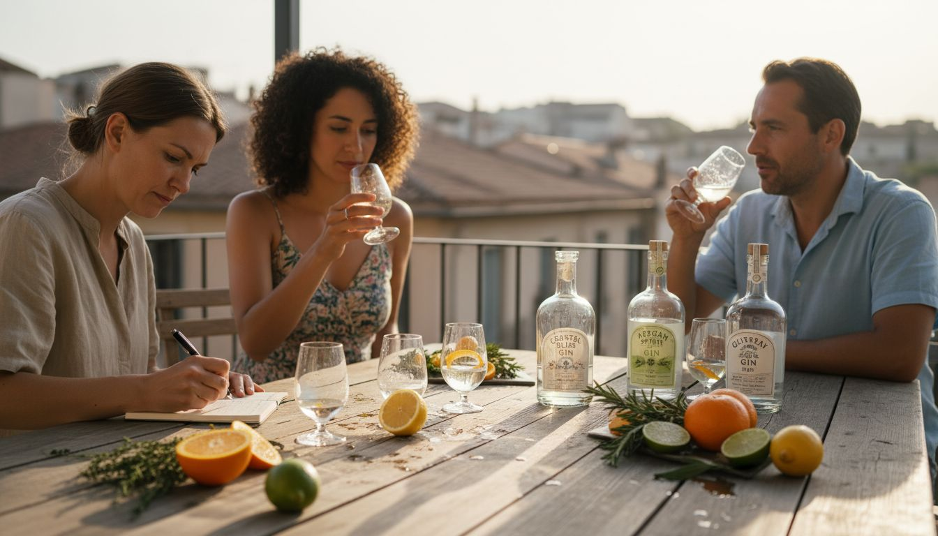 Gin lovers tasting Mediterranean gins on sunny balcony