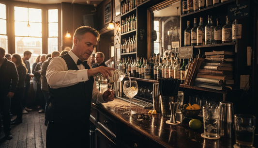 Bartender pouring gin in lively London bar