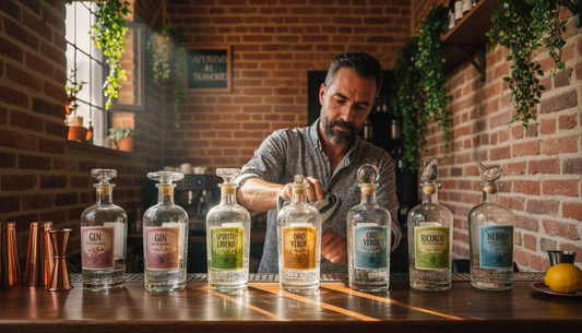 Barman che presenta una selezione di gin artigianali in un locale specializzato in cocktail