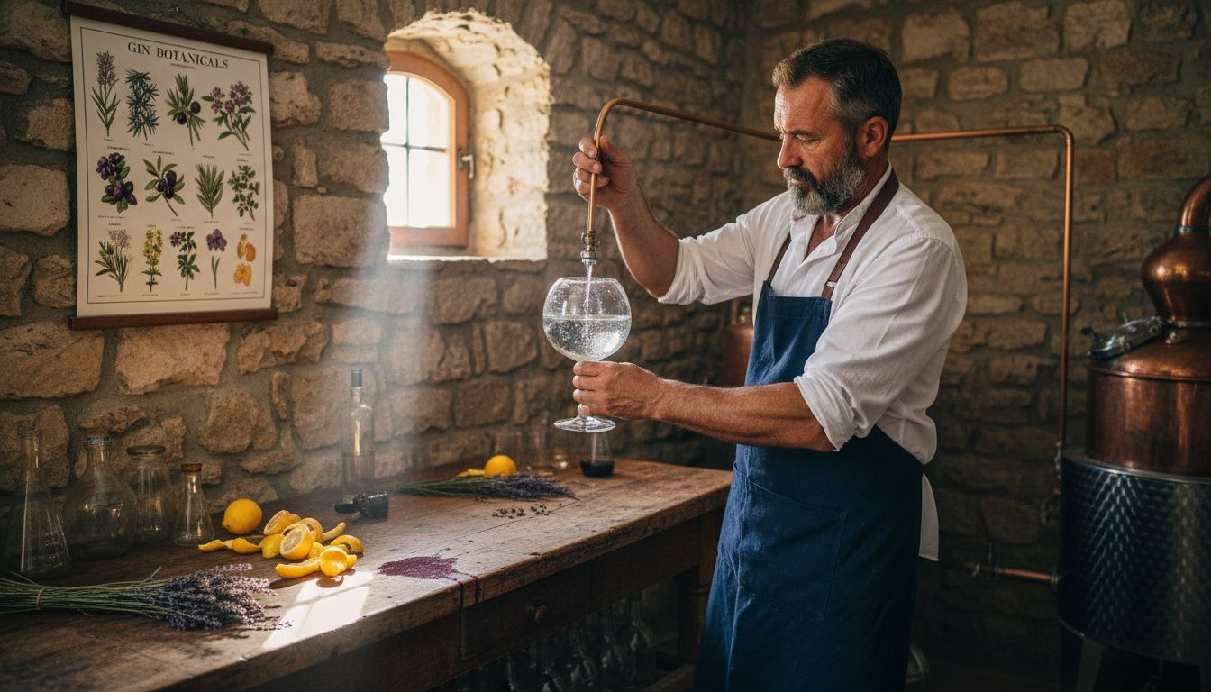 Distiller pouring gin in rustic Mediterranean distillery