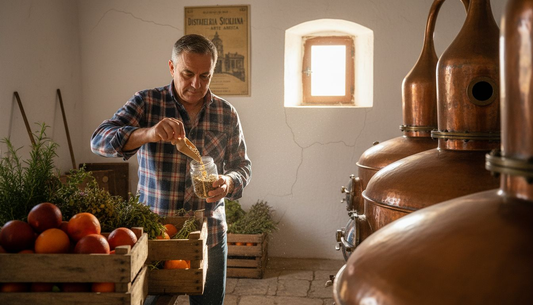 Un mastro distillatore siciliano aggiunge sapientemente le botaniche nell’alambicco di rame.