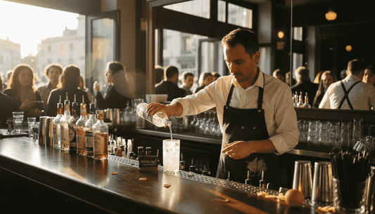Un barman alle prese con la preparazione di un cocktail a base di gin dietro al bancone.