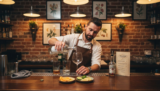 Bartender pouring premium gin at tasting bar