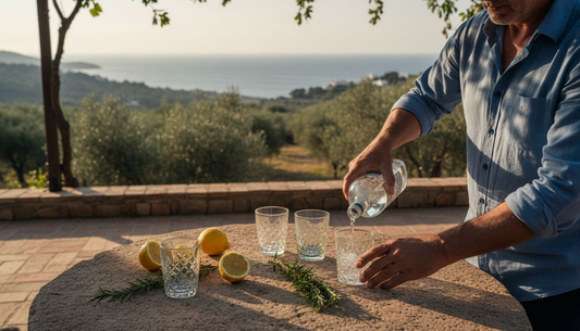 Bartender pouring Mediterranean gin at outdoor stone table