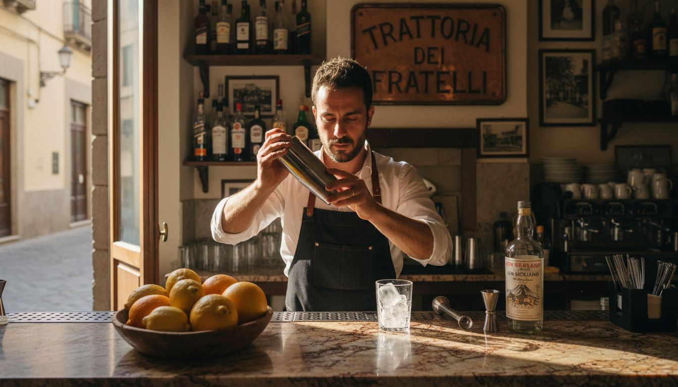 Un barman prepara un cocktail a base di gin siciliano sul bancone di marmo
