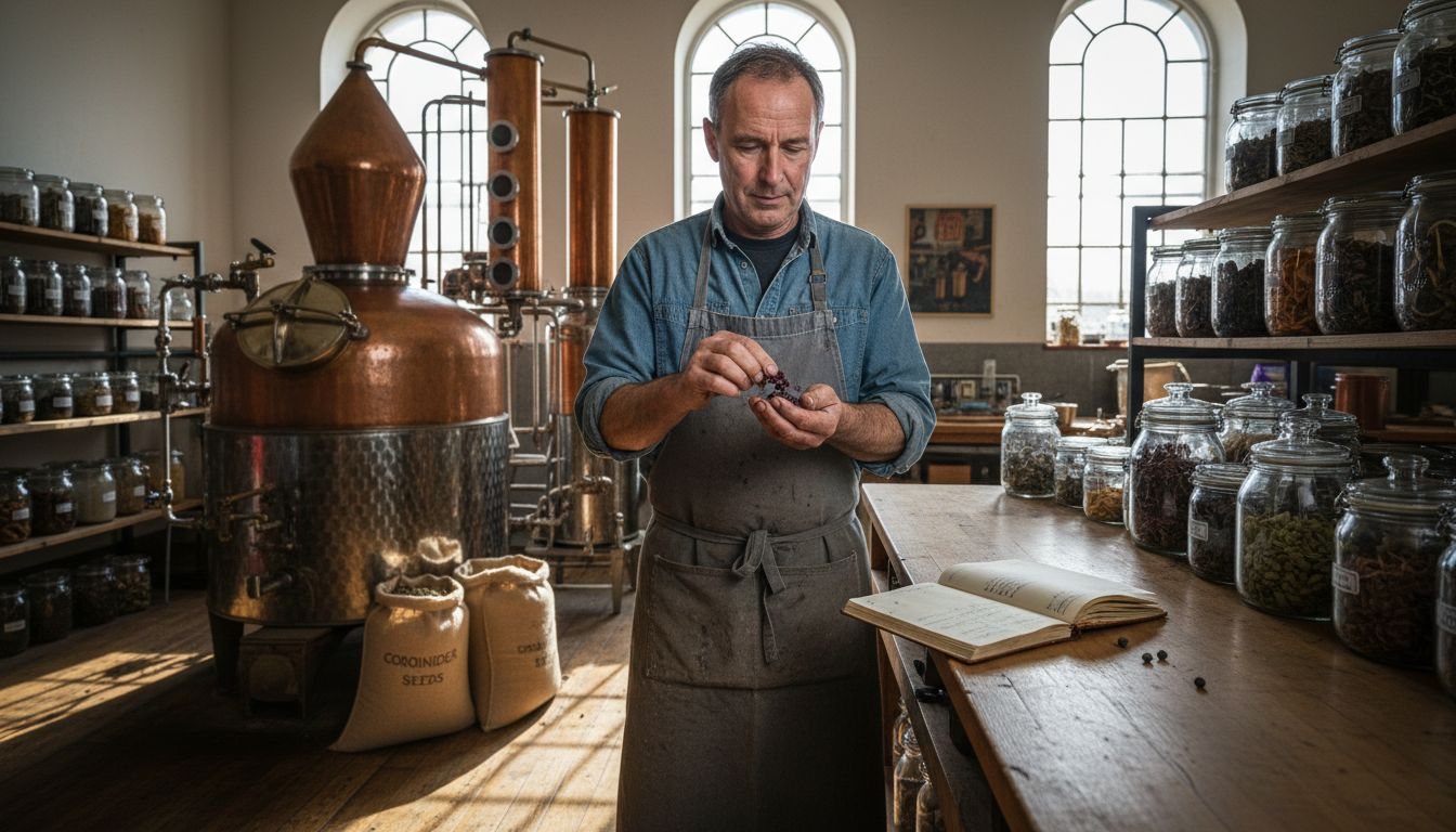Distiller handling juniper berries in gin distillery