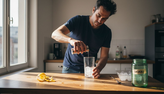 Un uomo si diverte a preparare un cocktail a base di gin nella sua cucina di casa.