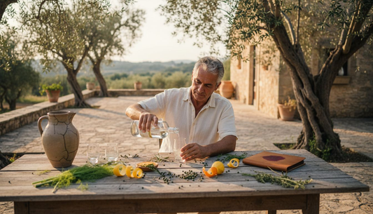 Degustazione di gin su un caratteristico patio siciliano immerso nell’atmosfera rustica dell’isola.