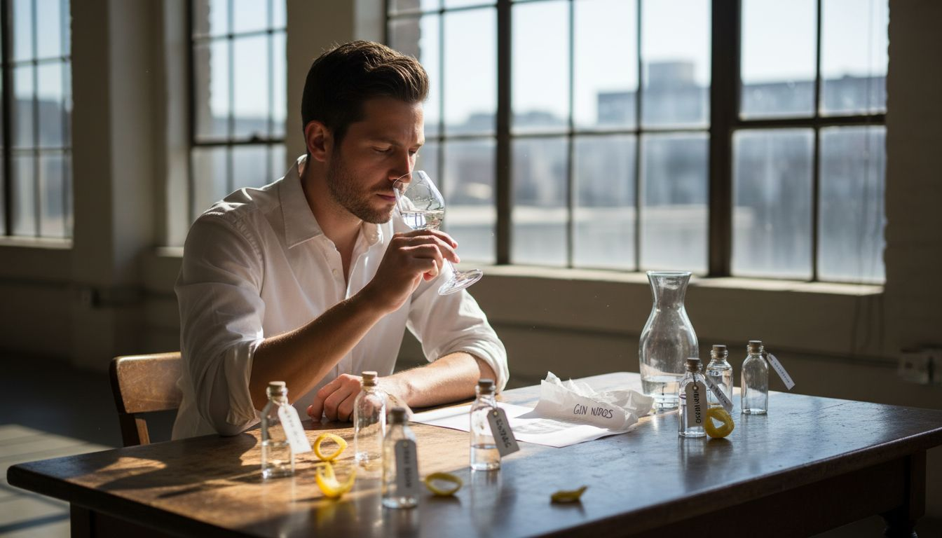 Bartender examining gin aromas at tasting table