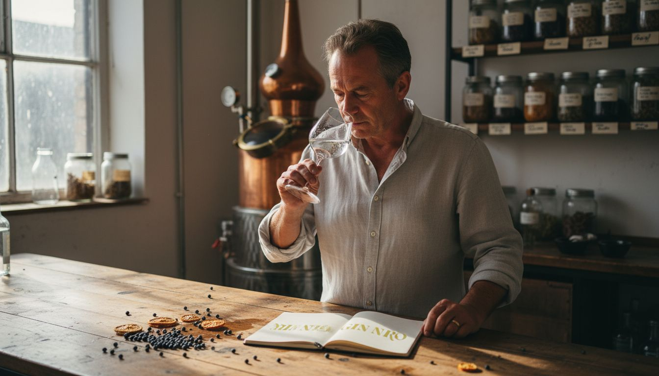 Gin distiller nosing glass with botanicals nearby