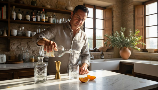 Un sommelier serve un gin mediterraneo in una cucina dal fascino rustico, tra profumi e dettagli che richiamano la tradizione.