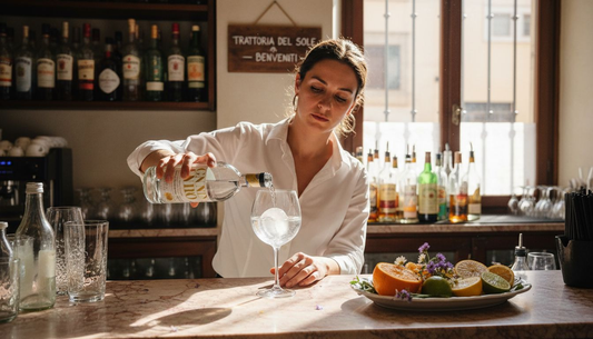 Un barman serve gin siciliano sotto il sole, nella calda atmosfera di una tipica trattoria.