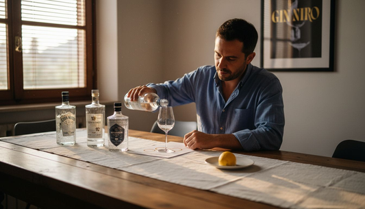 Un uomo si prepara a degustare diversi gin su un tavolo di legno, curando ogni dettaglio per un’esperienza unica.