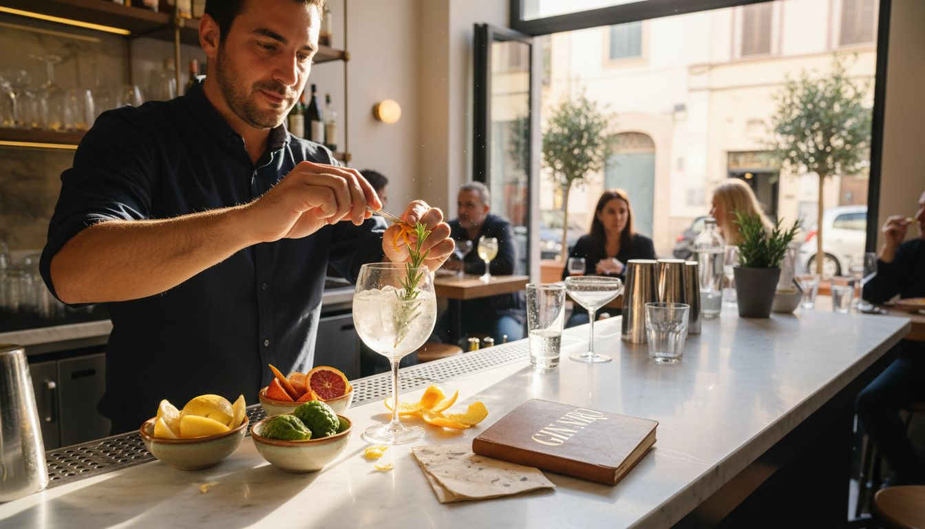 Bartender preparing gin with fresh citrus peels