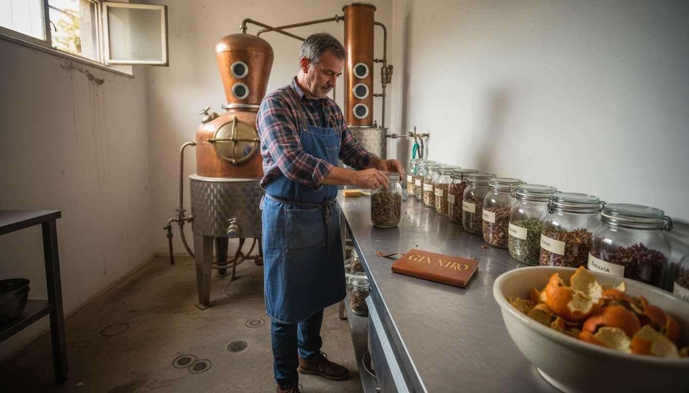 Maestro distillatore all’opera accanto a un classico alambicco in rame per la produzione del gin