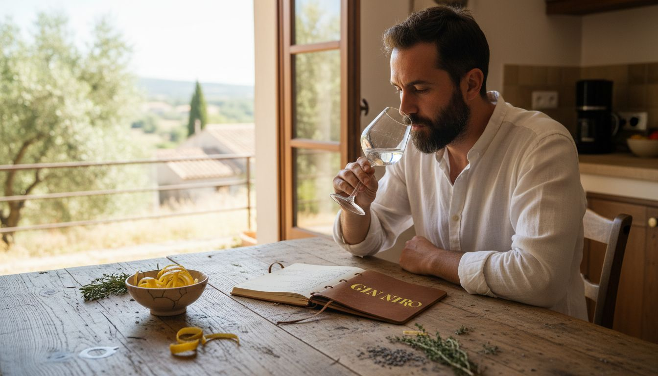 Man nosing gin with citrus and herbs on table