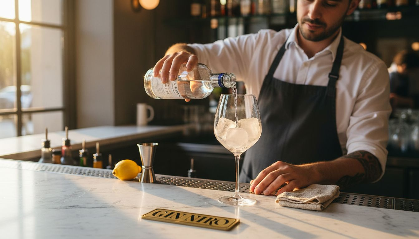 Un barman serve il gin con eleganza dietro al bancone in marmo.